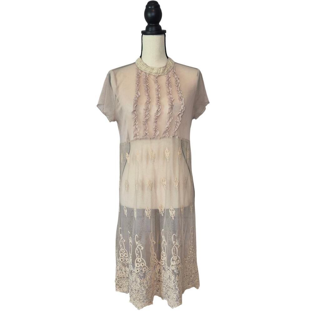 Rinascimento Beige Sheer Mesh Lace Embroidered Ruffle Mock Neck Midi Dress